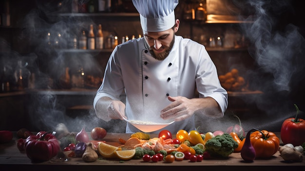 Un giovane chef che usa un tablet per seguire un tutorial di cucina