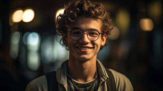 Un giovane con gli occhiali sorride alla telecamera.