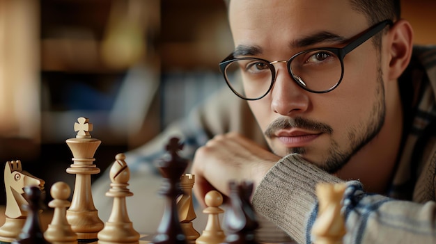 Un giovane con gli occhiali sta giocando a scacchi sta guardando la tavola con un'espressione pensierosa lo sfondo è sfocato e sfocato