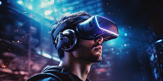 Un giovane con un auricolare VR che gioca con i suoi occhiali in un mondo informatico futuristico virtuale