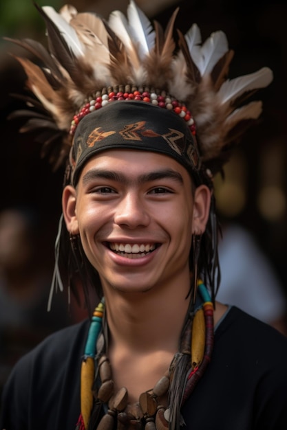 Un giovane con un copricapo nativo americano che sorride alla telecamera