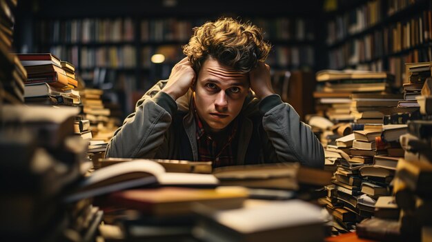 Un giovane con un'espressione afflitta è circondato da pile di libri che trasmettono