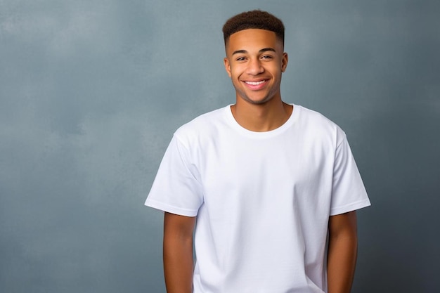 un giovane con una camicia bianca sorride per una foto.