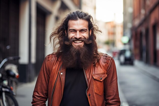 Un giovane con una lunga barba da hipster che ride gioiosamente Ai generativo