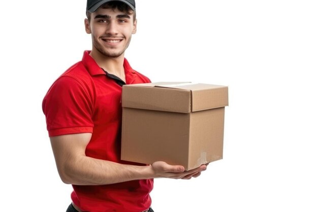 Un giovane consegnatore sorridente che tiene e porta una scatola di cartone isolata su uno sfondo bianco