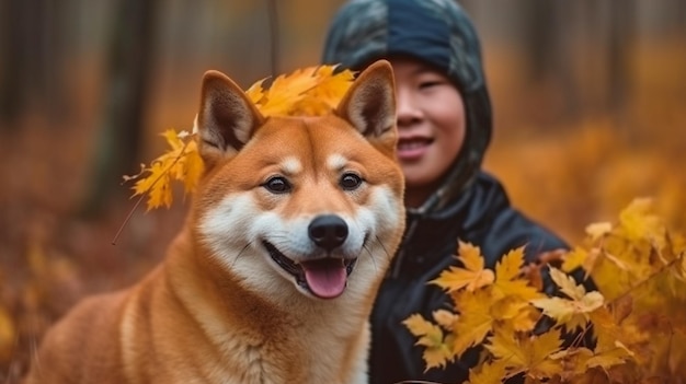 Un giovane contento e un cane giapponese allevano Shiba in Generative AI con una foglia autunnale arancione sulla testa