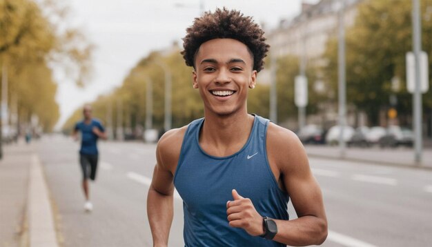 un giovane corre lungo una strada con i capelli che soffiano al vento