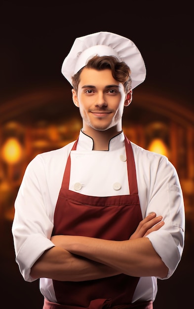 Un giovane cuoco bello e sorridente in uniforme generato dall'IA.