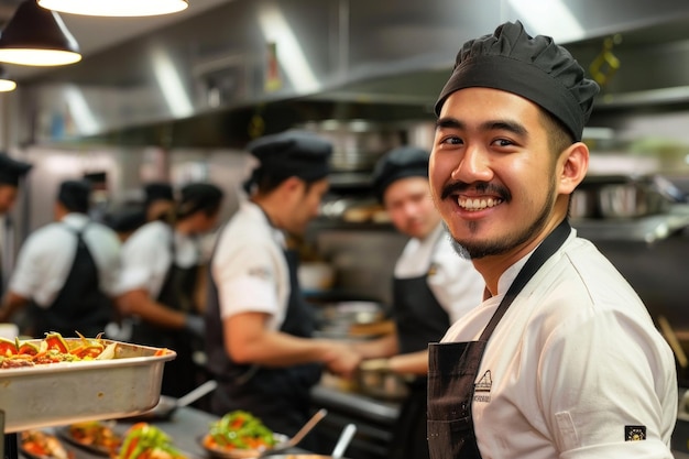 Un giovane cuoco felice che sorride in una cucina commerciale affollata posa per la telecamera