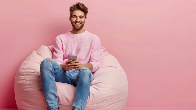 Un giovane è seduto in una sedia a sacchetto di fagioli e sorride alla telecamera indossa un maglione rosa e jeans blu