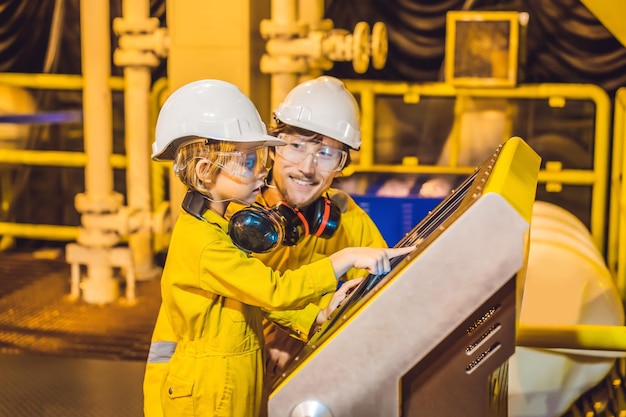 Un giovane e un ragazzino sono entrambi con un'uniforme da lavoro gialla, occhiali e casco in un'industriale