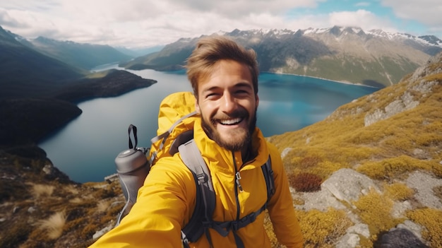 Un giovane escursionista che si fa un selfie in cima alla montagna. Un ragazzo felice che sorride alla telecamera.