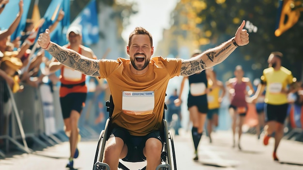 Un giovane estatico in sedia a rotelle attraversa la linea di arrivo di una maratona alzando le braccia in trionfo