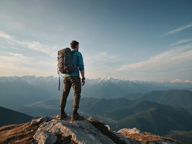 Un giovane europeo felice un zaino turistico si trova in cima a una roccia nelle montagne viaggia