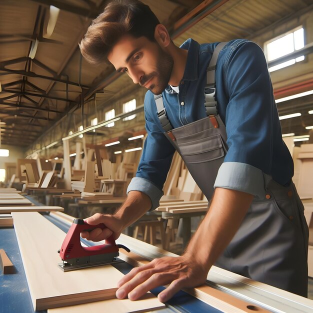 Un giovane falegname lavora con tavole di legno in un laboratorio di fabbricazione di mobili