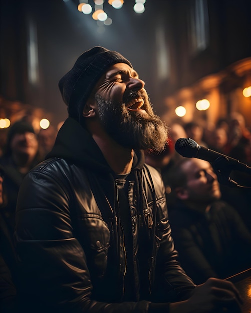 Un giovane felice che dà un concerto di culto in un evento della chiesa cristiana