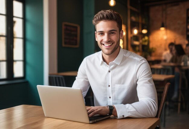 Un giovane felice che lavora su un portatile in un caffè il suo sorriso riflette soddisfazione e conforto sul lavoro