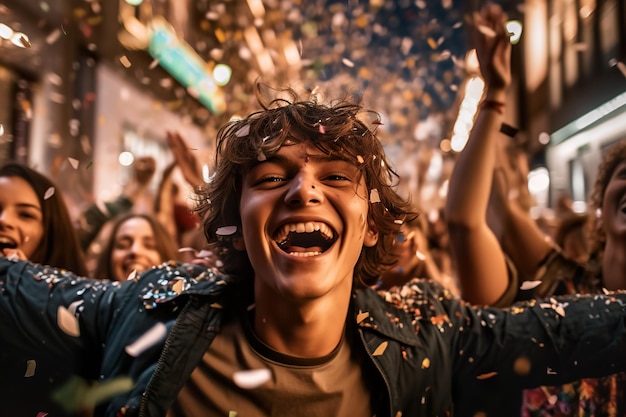 Un giovane felice che si diverte a festeggiare in strada