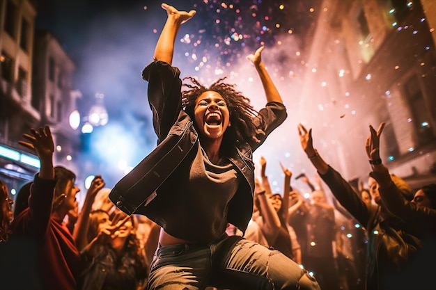 Un giovane felice che si diverte a festeggiare in strada