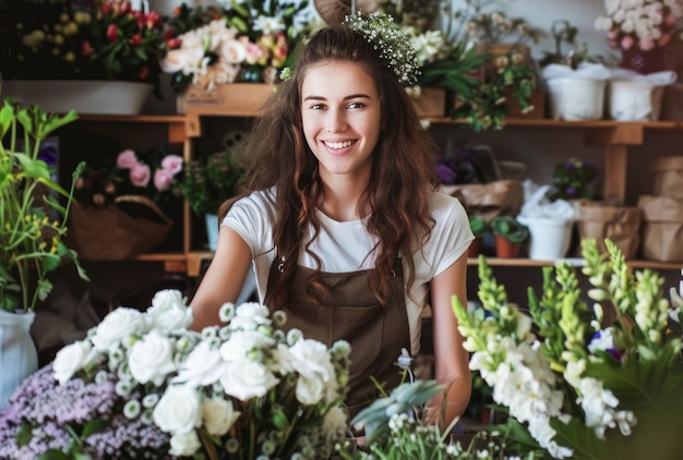 Un giovane fiorista arrangiando un bouquet colorato in un accogliente negozio di fiori