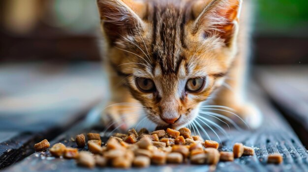 Un giovane gattino tabby si concentra attentamente sul mordicchiare cibo su una superficie di legno