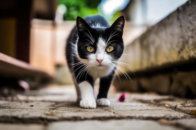 Un giovane gatto bianco e nero vaga per le strade abbracciando il suo spirito avventuroso