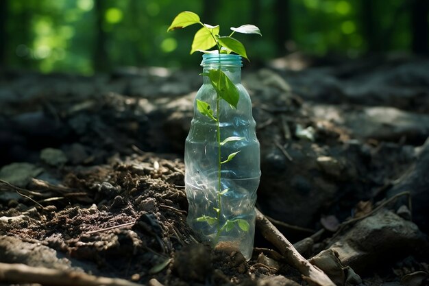 Un giovane germoglio cresce in una bottiglia di plastica