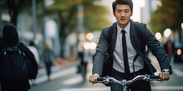 Un giovane giapponese in giacca e in bicicletta per le strade della città