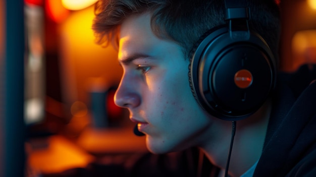 Un giovane giocatore che indossa le cuffie e guarda lo schermo del computer