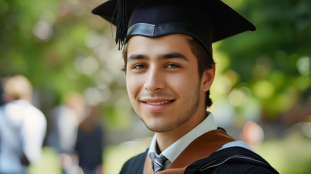 Un giovane in abito da laurea che sorride alla telecamera