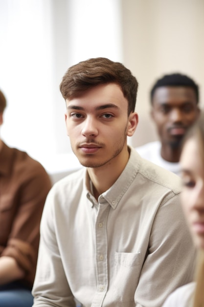 Un giovane in piedi in un focus group con i suoi colleghi