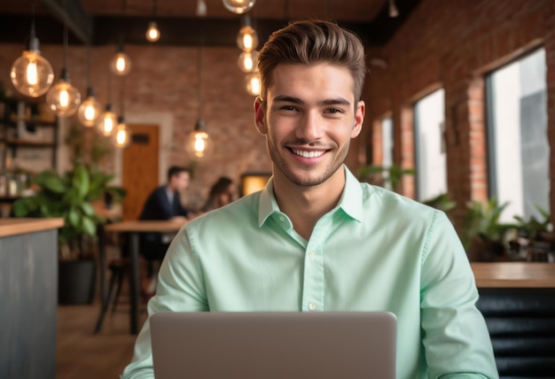 Un giovane in una riunione d'affari casuale in un caffè la sua camicia verde menta e il suo portatile suggeriscono una miscela