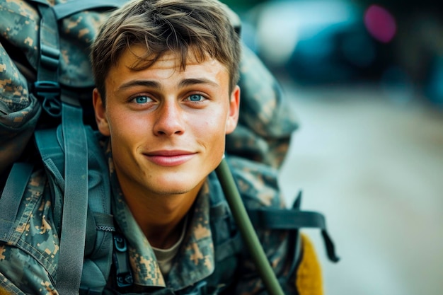 Un giovane in uniforme militare sta sorridendo e indossa uno zaino