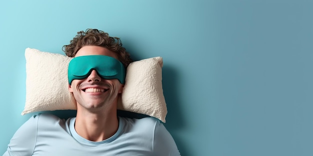 Un giovane indossa una maschera per coprirsi gli occhi quando dorme banner spazio copia generato da Ai