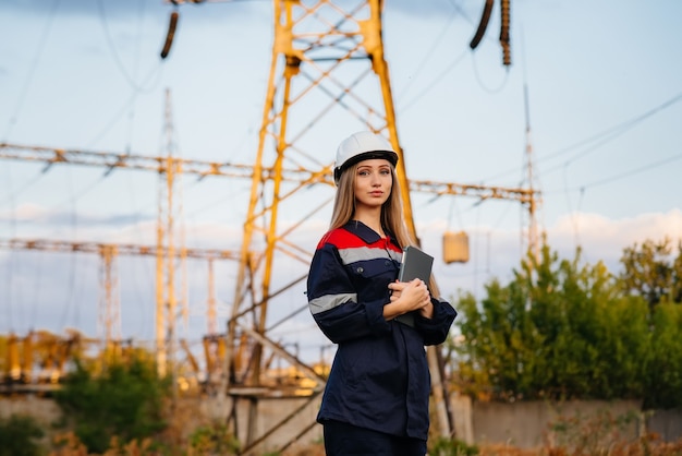 Un giovane ingegnere ispeziona e controlla l'attrezzatura della linea elettrica. Energia.