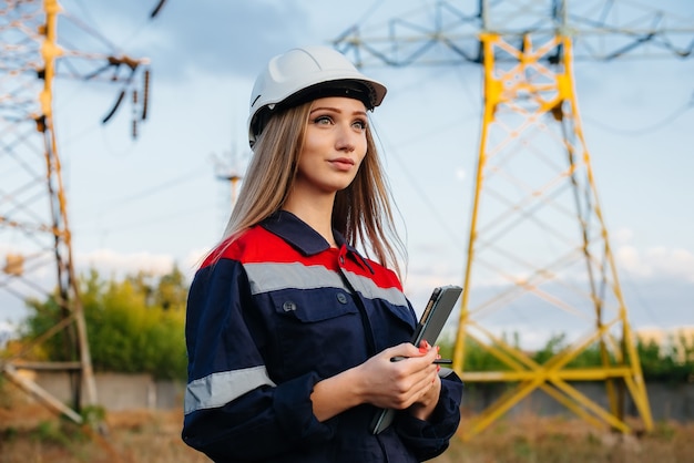 Un giovane ingegnere ispeziona e controlla le apparecchiature della linea elettrica