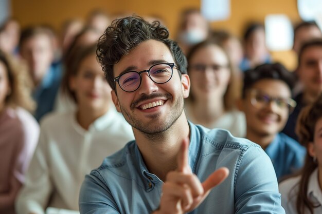 Un giovane insegnante coinvolge un punto di vista in una classe dinamica