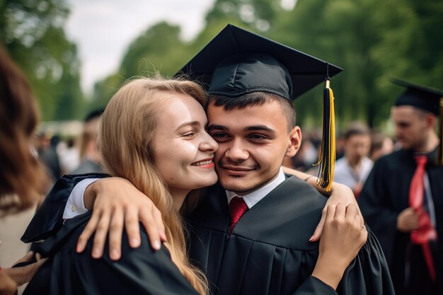 Un giovane laureato che abbraccia la persona accanto a lui mentre sembra allegro creato con l'IA generativa