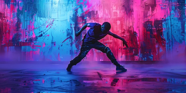 Un giovane maschio che fa breakdance di notte sullo sfondo delle colorate mura della città