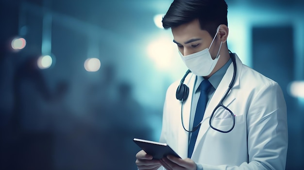 Un giovane medico guarda il rapporto del paziente con l'iPad Generative AI