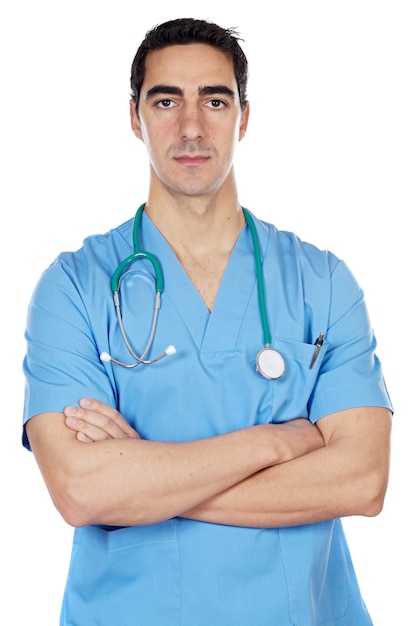 Un giovane medico su sfondo bianco