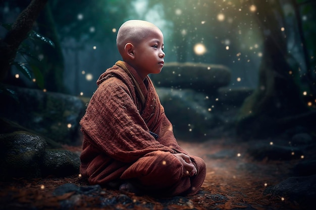 Un giovane monaco siede nel bosco con la luce che entra.