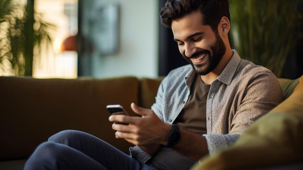 Un giovane nomade digitale in camicia seduto su una sedia guardando il suo cellulare