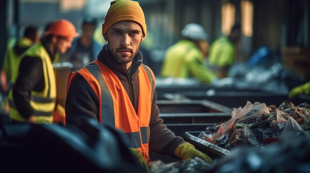 Un giovane operaio con giubbotto protettivo e guanti che tiene in mano il cartone mentre lavora con i colleghi nel centro di smistamento dei rifiuti