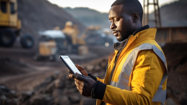 Un giovane operaio edile minerario africano nero con un tablet digitale IA generativa