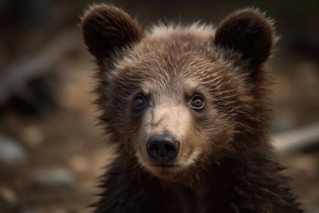 Un giovane orso con un naso nero e un naso marrone guarda nella telecamera.