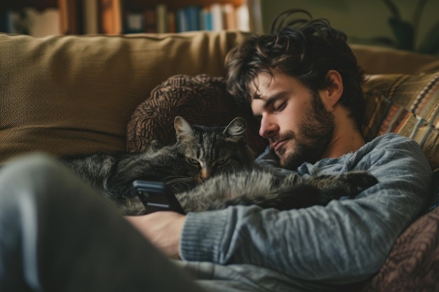 Un giovane pacifico che dorme su un divano accovacciato con un gatto grigio tabby in un ambiente domestico accogliente