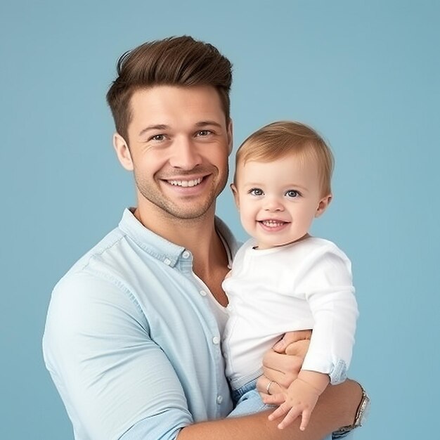 Un giovane padre caucasico felice che tiene in braccio il figlio