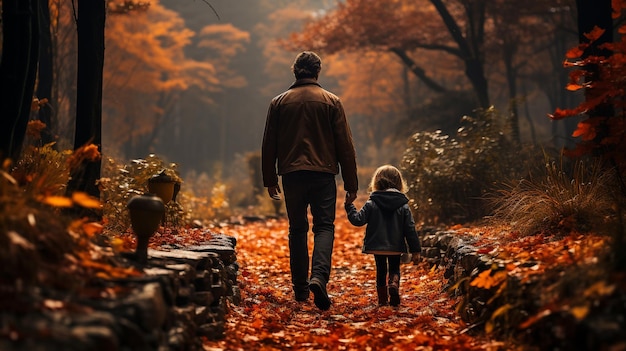 Un giovane padre e un bambino che camminano lungo una bellissima foresta autunnale Ai generativi