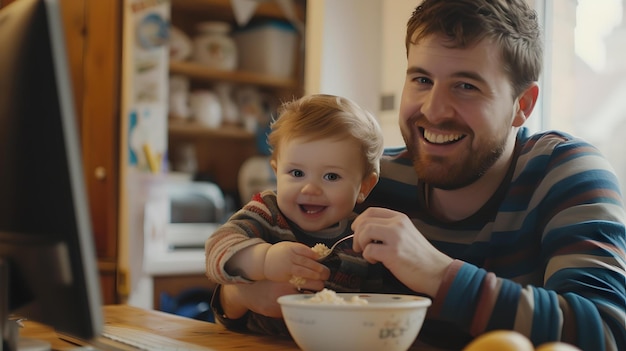 Un giovane padre sorridente e un bambino che si godono la colazione un momento familiare sincero catturato in un ambiente domestico accogliente ritratto di stile di vita casuale AI